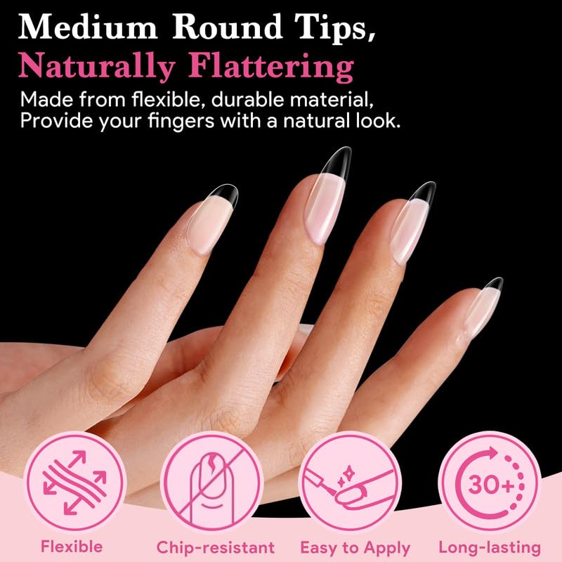 Medium Round False Nail Tips, 15 Sizes 510 PCS Clear Soft Press On Fake Nail Pre-shaped Half Matte Full Cover Gel Nail Tips Extensions Strong Thick Long Lasting for DIY Beginners & Salon Manicure-BrightBean Baby