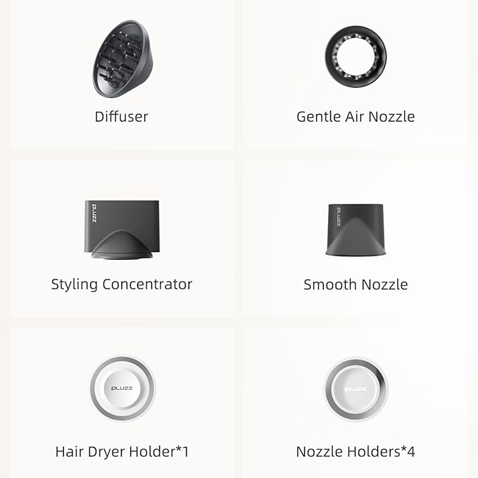 PLUZZ Pro Professional Hair Dryer with 3M Power Cord, 140,000 RPM Brushless Motor High-Speed, 500M Negative Ions, Quiet & Lightweight, Diffuser & Holders Attachments – Salon/Home Use-BrightBean Baby