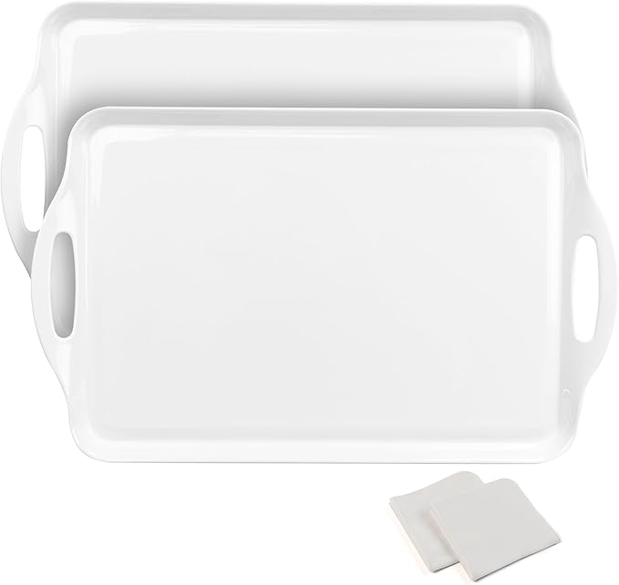 Extra Large White Serving Tray with Handles, 19''x11.6'' Melamine Platters, Rectangular Trays for Serving Food, Turkey, Cookie, Cupcakes, Desserts, Dishwasher Safe, BPA-Free, Set of 2