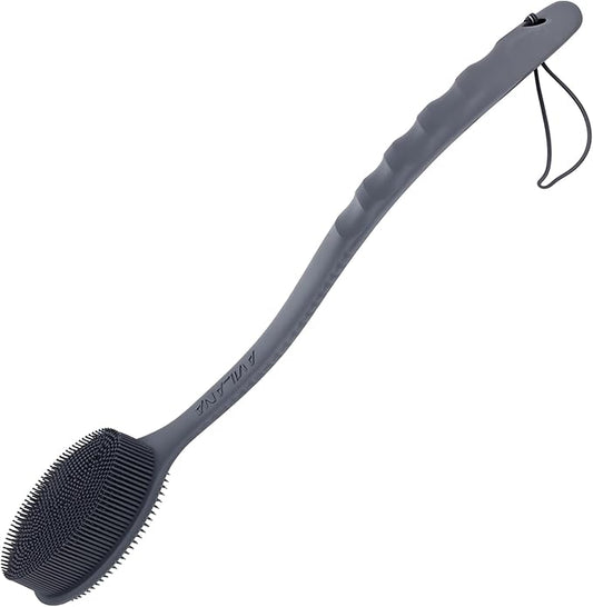 Avilana Silicone Body Scrubber – Gentle Shower Brush & Loofah Alternative- Food Grade & Lab Tested – Fast-Drying, Hygienic, BPA-Free Silicone Body Gentle Exfoliator (Dark Gray, Long Handle)-BrightBean Baby