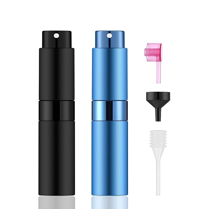 2 PCS/8ml Portable Mini Perfume Atomizer bottles, Empty Refillable Spray Bottle with 3 Types of Refill Tools, Pocket Travel Perfume Sample Bottles(Matte Black&Blue)-BrightBean Baby