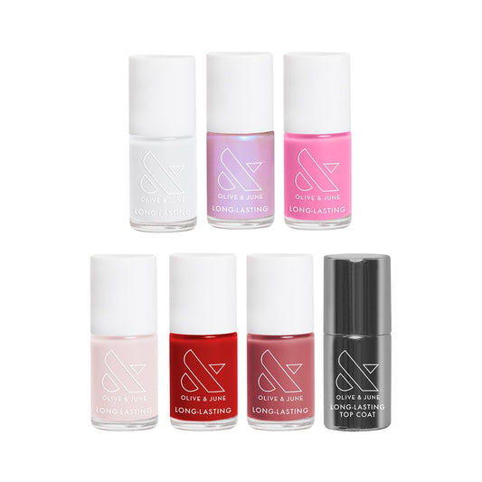Olive & June Long Lasting Nail Polish Set | Includes 6 Chip-Resistant Shades (Pink Goldfish, HD, Grateful & Kind, CCT, LD, CV) + Top Coat | Vegan, Cruelty-Free | Salon-Quality at Home-BrightBean Baby