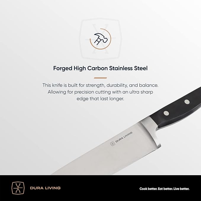 DURA LIVING Premium 8-Piece Steak Knife Set – Sharp Serrated Blades, Forged High Carbon Stainless Steel, Full Tang, Ergonomic Handle, Elegant Black Finish – Ideal for Dining & Entertaining