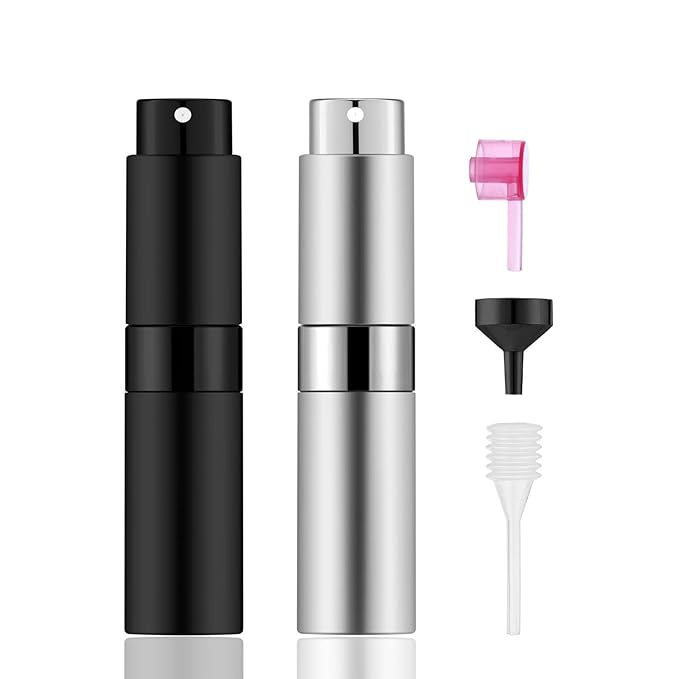2 PCS/8ml Portable Mini Perfume Atomizer bottles, Empty Refillable Spray Bottle with 3 Types of Refill Tools, Pocket Travel Perfume Sample Bottles(Matte Black&Silver)-BrightBean Baby