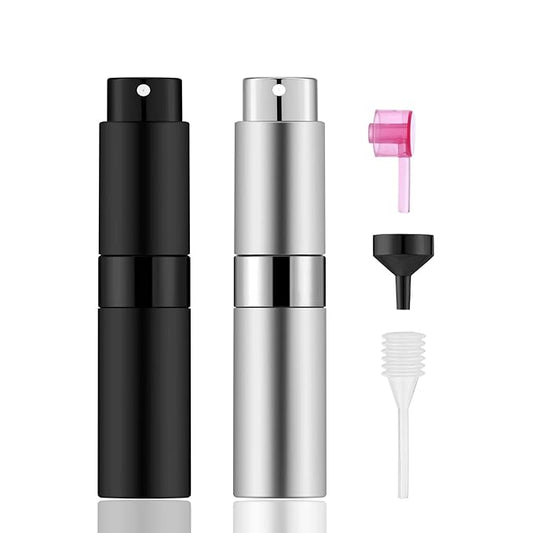 2 PCS/8ml Portable Mini Perfume Atomizer bottles, Empty Refillable Spray Bottle with 3 Types of Refill Tools, Pocket Travel Perfume Sample Bottles(Matte Black&Silver)-BrightBean Baby