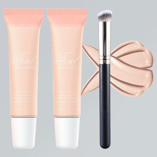 2 Pack Liquid Foundation Cream with Foundation Brush for Face Makeup,Durable Full Coverage Matte Concealer Make Up,Oil Control & Waterproof Base Primer -1 Fl.Oz (#02)-BrightBean Baby