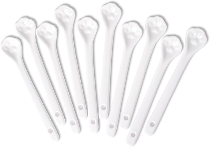 White Long Handle Porcelain Spoons Coffee, Tea, Yogurt and Ice-cream, Cutlery Fitting Paw Ceramic Spoons 5.7 Inch Set of 10 (10, Paw-5.7 inch)