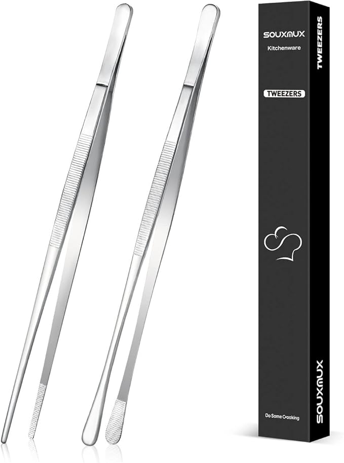 2 Pcs 10-inch Cooking Tweezers Tongs Precision Serrated Tips, Stainless Steel Professional Chef Tweezer Kitchen Tools for BBQ, Plating and Serving (Silver)