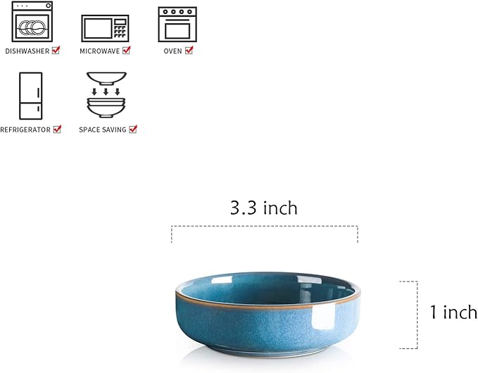 Selamica Ceramic 3.3 Inch Soy Sauce Dish Dipping Bowls Side Dishes Small Appetizer Pinch Bowls for Condiments, Sushi, Ketchup, BBQ-Set of 6(Ceylon Blue)
