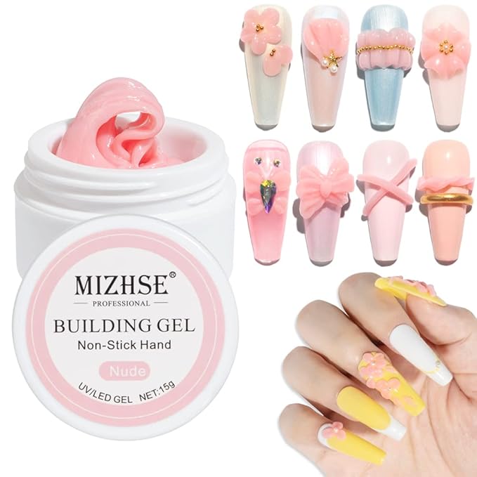 MIZHSE Solid Builder Gel for Nails, Nude Pink Non-Sticky Sculpting Gel, 3D Nail Art Building Carving Modeling Hard Nail Extension Soak Off UV/LED Nail Art Salon Home DIY 15g-BrightBean Baby