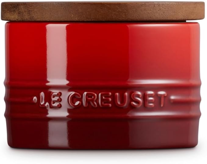 Le Creuset Signature Salt Cellar and Storage Canister with Wood Lid, 7 oz., Cerise