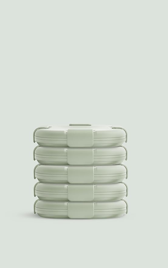 STOJO Collapsible Sandwich Box – 24oz, Reusable Food Storage Container, Silicone Bowl for Hot/Cold Food – Meal Prep, Lunch, Camping, Hiking – Dishwasher Safe (Set of 5, Sage)