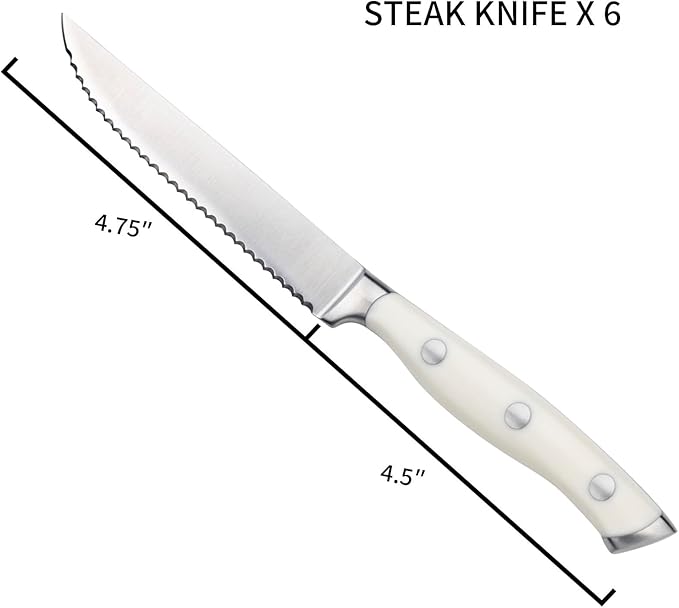 Alata 6-Piece White Steak Knives Set, Stainless Steel Steak Knife set with Serrated Edge, Razor-Sharp, Full-Tang Construction, Dishwasher Safe