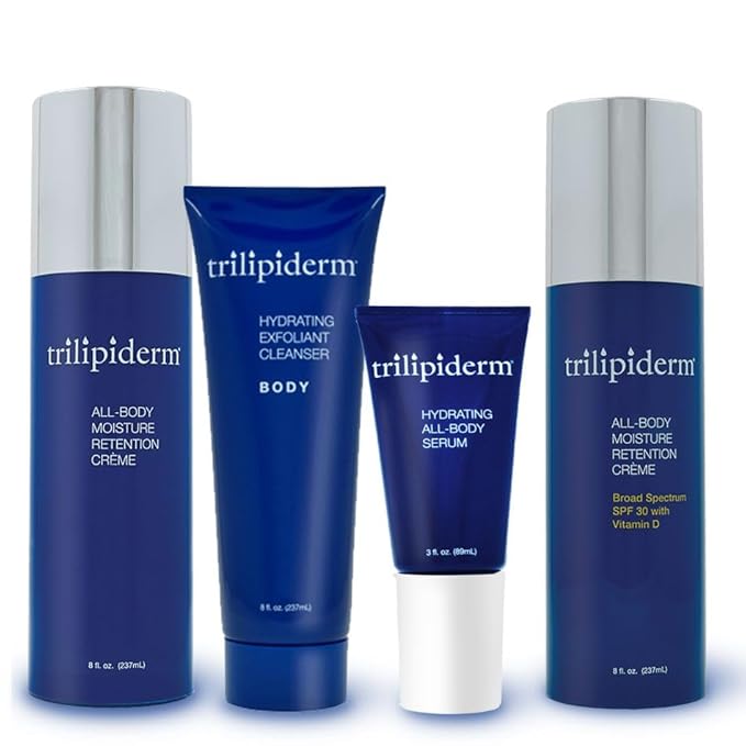 Trilipiderm Essential Body Regimen Bundle Set – 4 Simple Steps for this regimen - Start with Gentle Exfoliant Cleanser, Sun Care and Rejuvenating System that is powerful, natural and healthy hydration-BrightBean Baby