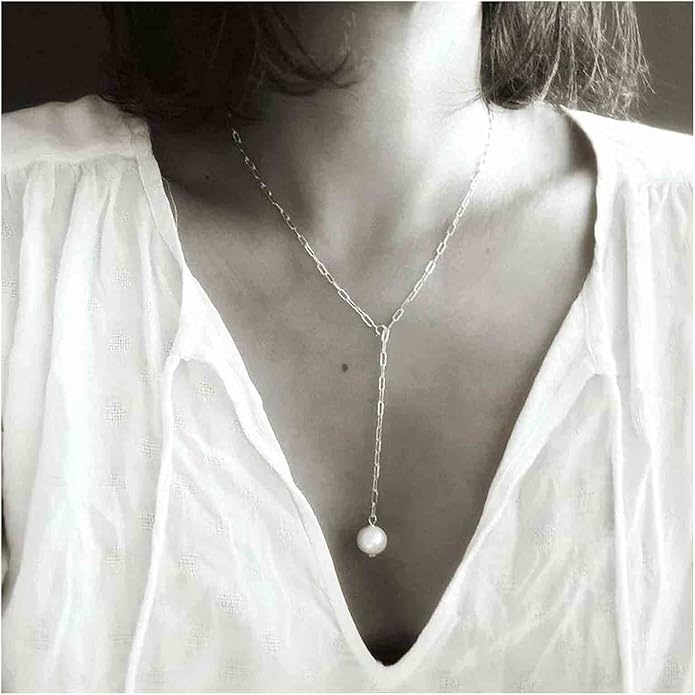 Boho Long Pearl Necklace Gold Lariat Y Necklace Choker Pearl Pendant Necklace Vintage Minimalist Necklace Chain Jewelry for Women and Girls-BrightBean Baby