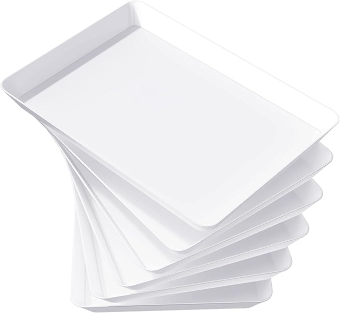 Lifewit Plastic Serving Tray for Party Supplies, White Trays for Serving Food, Reusable Large Platter for Buffet, Fruit, Dessert, Snack, Veggie, Kitchen and Outdoor Use, Rectangle, 14" x 10", 6 Pcs