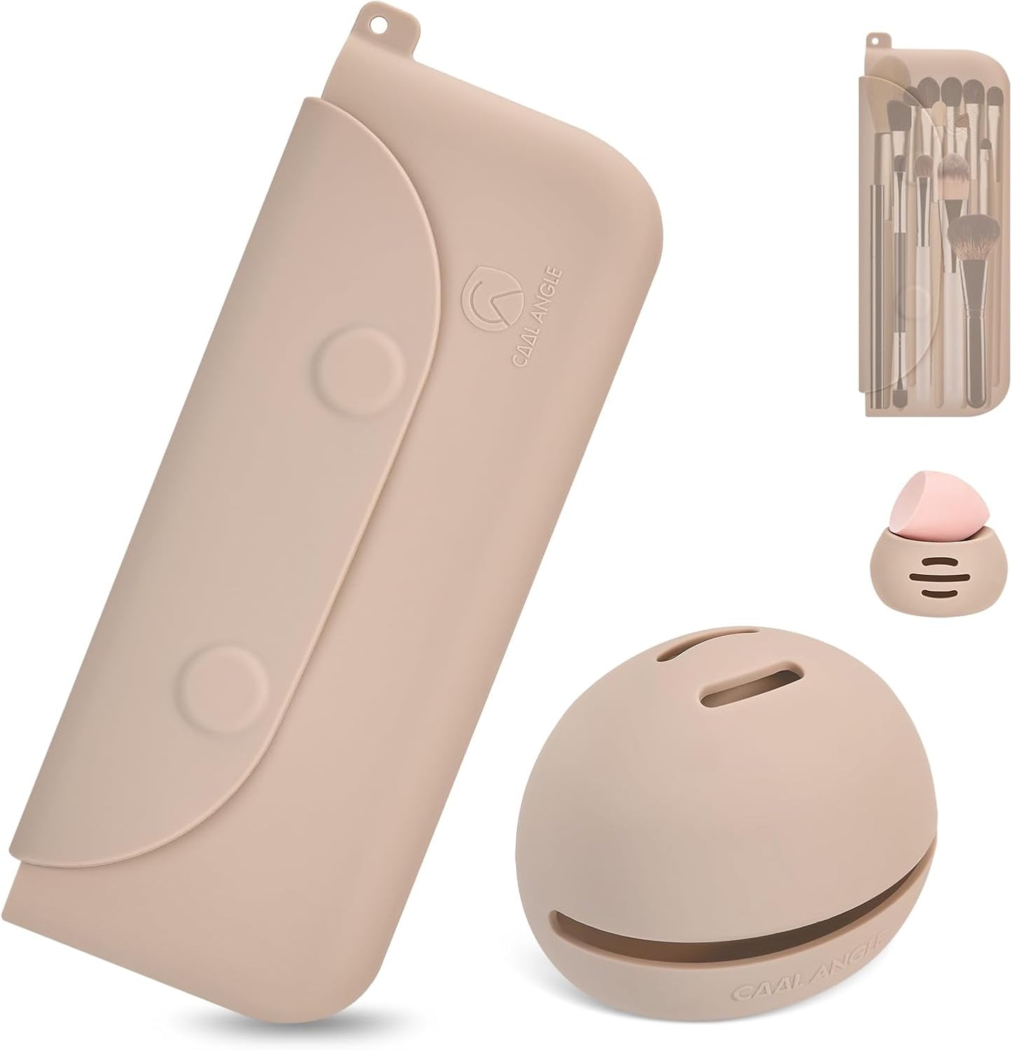 Silicone Makeup Brush Holder And Beauty Sponge Case, Travel Makeup Brush Case With Magnetic Closure, Makeup Sponge Holder 2 In 1 Stand Storage For Quick Drying Khaki-BrightBean Baby