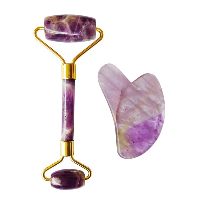 Amethyst Massage Roller and Gua sha Set | Reduces Wrinkles, Fine lines and Dark Circles | Pink Jade Roller | Anti-aging Massager for Skin Toning and Tightening for Face, Eyes, Neck-BrightBean Baby
