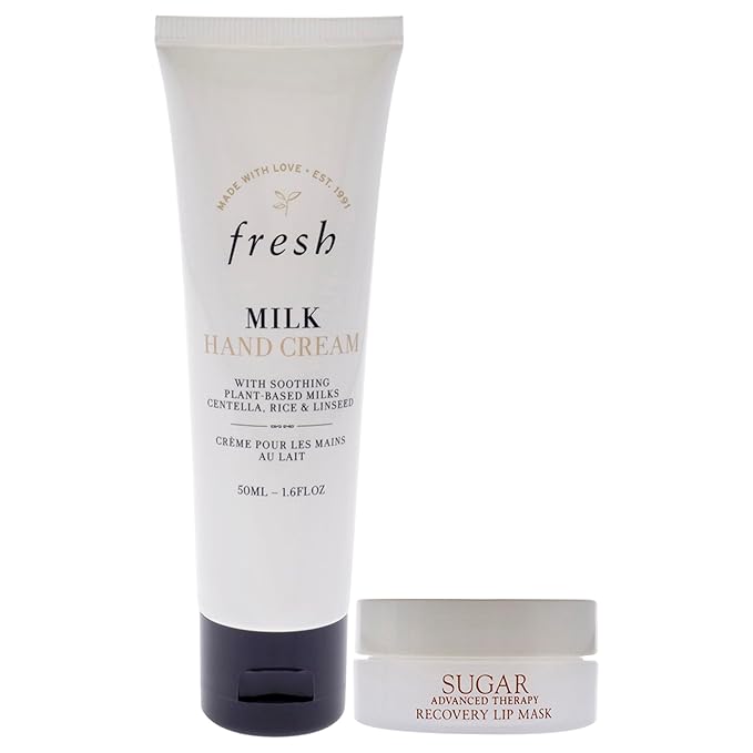 Fresh Hand And Lip Love Kit for Women - 2 Pc 1.6oz Milk Intensive Hand Cream, 0.3oz Sugar Recovery Lip Mask Advanced Therapy-BrightBean Baby