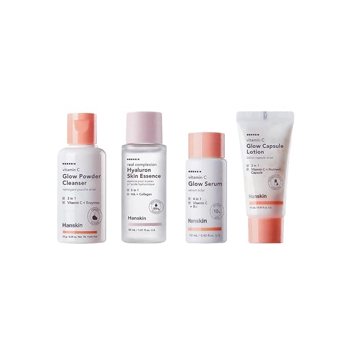 Hanskin Glow Skin On The Go Kit, Set of 4, Essential Travel Skincare Set for Glowing & Nourishing Skin on the Plane, Powder Cleanser Skin Essence and Facial Serum Cleansing Balm-BrightBean Baby