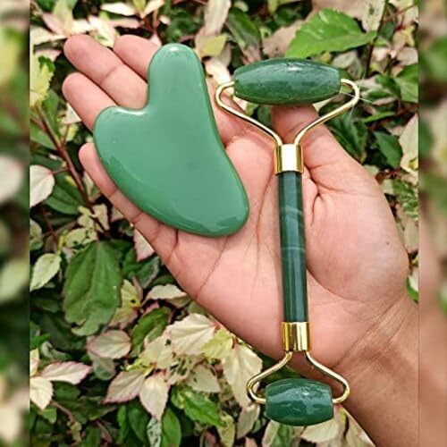 Green Jade Roller & Gua Sha Set, Face Roller Manual Massager,Green Jade Applicator for Face, Neck,Body Muscle,Relaxing, Stimulating Blood Flow, Relieve Fine Lines, Wrinkles,Green-BrightBean Baby