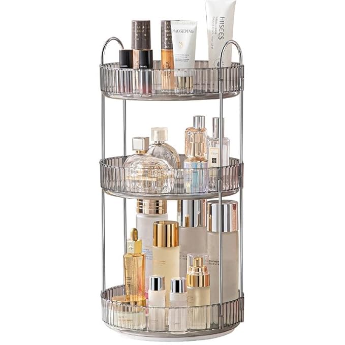 Makeup Organizer for Vanity, 360° Rotating Bathroom Organizer Countertop, High-Capacity Skincare Organizer, Spinning Cosmetics Organizer for Dresser Countertop (3 Tiers, Grey)-BrightBean Baby
