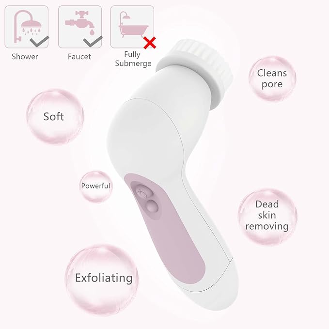 Waterproof Facial Cleansing Spin Brush Set with 5 Exfoliating Brush Heads - Electric Face Scrubber Cleanser Brush by CLSEVXY - Face Brush for Gentle Exfoliation and Deep Scrubbing-BrightBean Baby