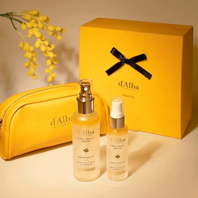 d'Alba Travel Essencial Gift Set, White Truffle First Spray Serum Full Size & Travel Size with Yellow Pouch, Korean Skin Care-BrightBean Baby