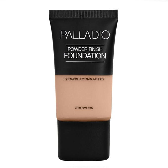 Palladio Powder Finish Liquid Foundation, Natural Matte Appearance, Reduces Fine Lines, Covers Large Pores, Hides Imperfections, All Day Wear, Sheer to Medium Coverage, In the Buff-BrightBean Baby