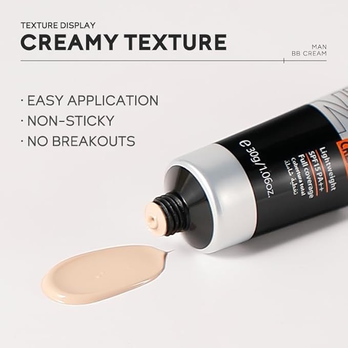 AKARY Hydrating Men BB Cream SPF 15 PA++, Full-Coverage Foundation&Concealer, Mens Face Moisturizer Cream Evens Skin Tone, Oil Control and Cover Flaws, Natural Finish for All Skin Types, Tan 320-BrightBean Baby