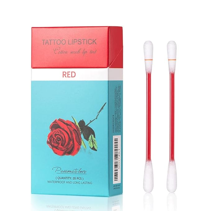 FLIPNEX 20Pcs Cotton Swab Tattoo Lipstick, Tattoo Lipstick Cotton Swab Lip Tint, Waterproof and Long Lasting Liquid Non-Stick Portable Lip Gloss (Red)-BrightBean Baby