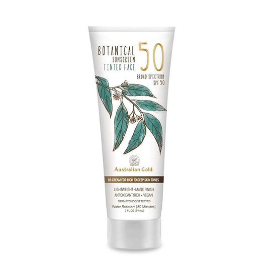 Australian Gold Botanical SPF 50 Tinted Sunscreen for Face, Non-Chemical BB Cream & Mineral Sunscreen,Water-Resistant,Matte Finish,For Sensitive Facial Skin,Rich to Deep Skin Tones, 3 FL Oz, Rich-Deep-BrightBean Baby