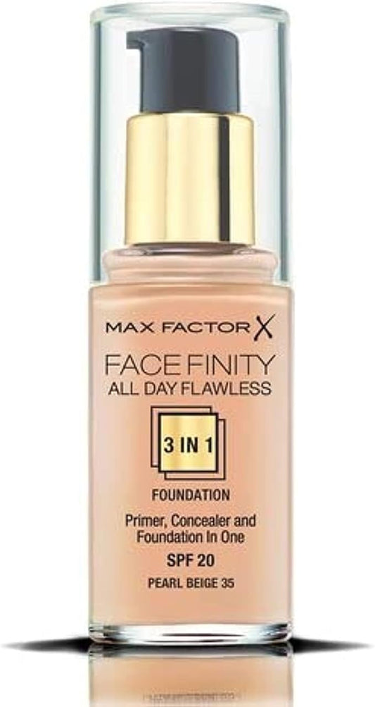Max Factor Facefinity All Day Flawless 3 In 1 Foundation SPF 20, 30 Ml, 35 Pearl Beige-BrightBean Baby