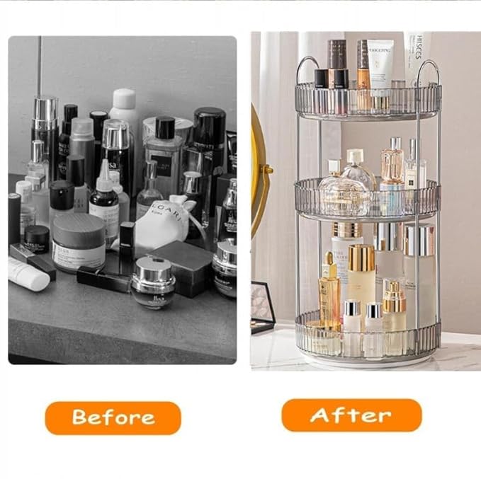 Makeup Organizer for Vanity, 360° Rotating Bathroom Organizer Countertop, High-Capacity Skincare Organizer, Spinning Cosmetics Organizer for Dresser Countertop (3 Tiers, Grey)-BrightBean Baby