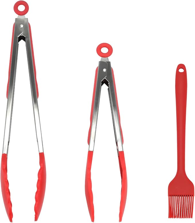 Kitchen Tongs, 2pcs Barbecue Tongs 10 inch & 12 inch with Silicone Tips, 1pc Brush Stainless Steel Cooking Tongs with Heat Resistant Handle for BBQ Serving, Grilling, Buffet, Dishwasher Safe (Red)