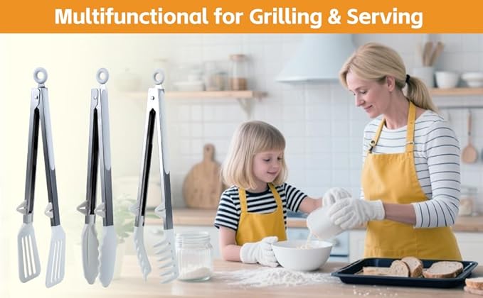 Kitchen Tongs,Set Of 3 Tongs with Silicone Tip for Cooking 9/12 Inch Stainless Steel Kitchen Tong for Meat,Food Grill,Salad,BBQ,Frying,Serving,Dishwasher (White, 9 Inch)