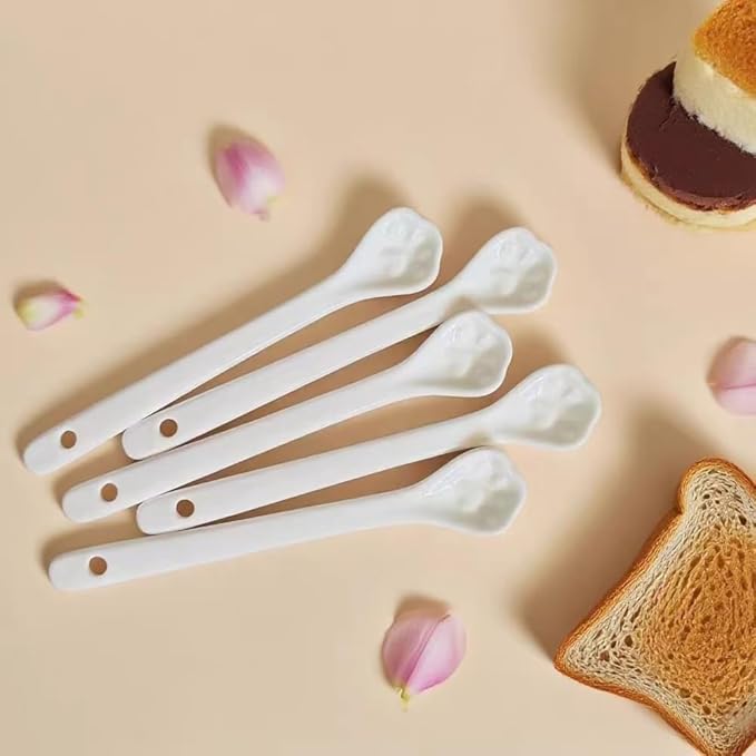 White Long Handle Porcelain Spoons Coffee, Tea, Yogurt and Ice-cream, Cutlery Fitting Paw Ceramic Spoons 5.7 Inch Set of 10 (10, Paw-5.7 inch)