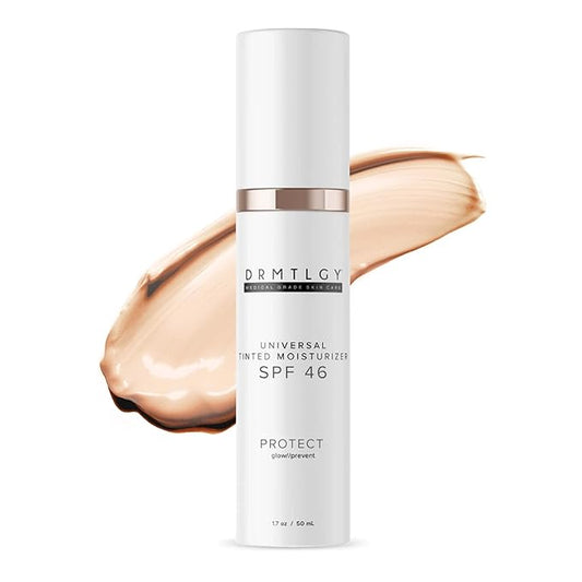 DRMTLGY Anti-Aging Tinted Moisturizer with SPF 46. Universal Tint. All-In-One Light Sheer Coverage Tinted Face Sunscreen with Broad Spectrum Protection Against UVA and UVB Rays. 1.7 oz-BrightBean Baby