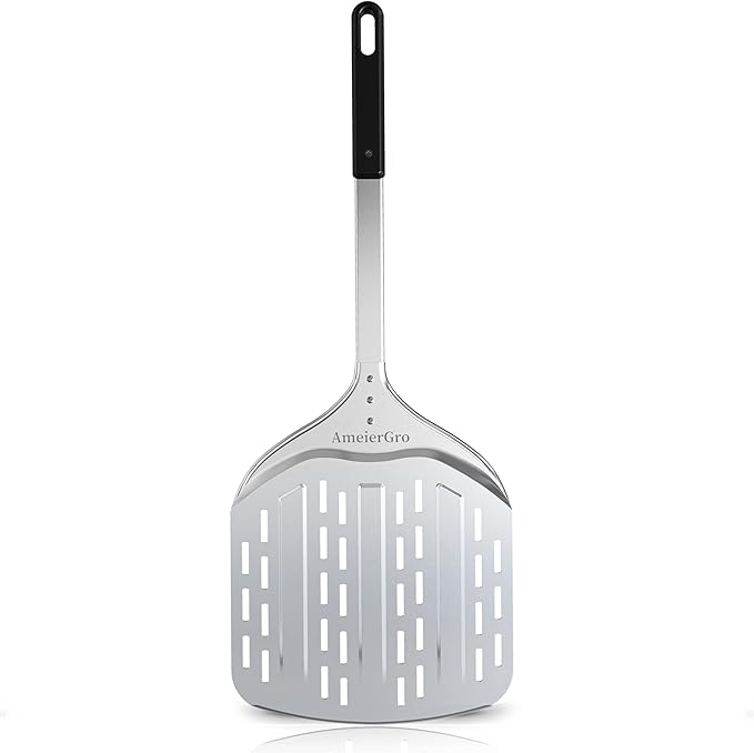 12" Perforated Pizza Peel, Long Handle(31") Anodised Aluminum Pizza Spatula Paddle, Pizza Oven Accessories for Pizza Stone/Grill