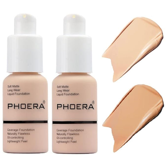 2 Pack PHOERA Foundation,Matte Oil Control Concealer Foundation Cream,PHOERA Long Lasting Waterproof Matte Liquid Foundation for Women Girls (102 Nude+104 Buff Beige)-BrightBean Baby