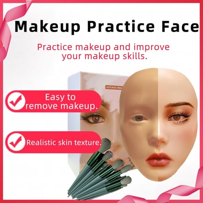 3D Makeup Practice Face, XIJIEMAO Mannequin Head For Makeup, Reusable Silicone Full Makeup Mannequin Head With Stand And Brush Set, Eye Shadow Makeup Face Board, Emerging Makeup Artist, Girl'S Gift-BrightBean Baby