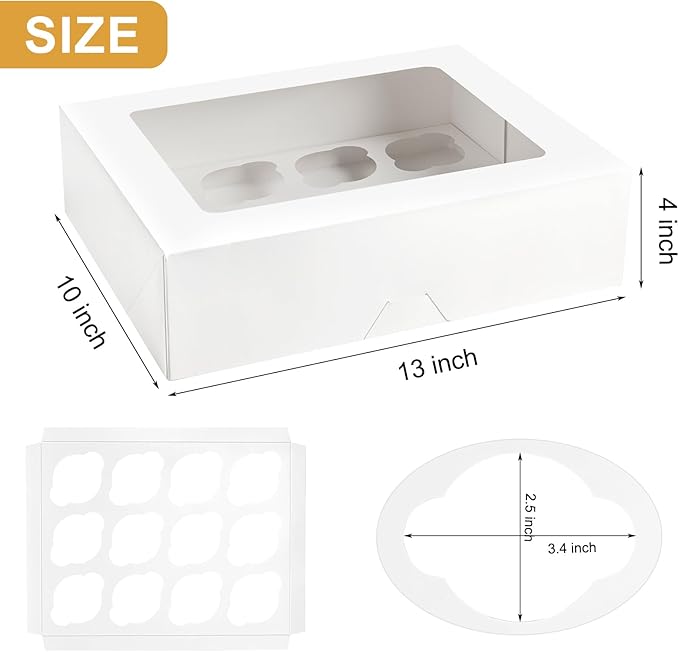 Kucoele 12 Count Cupcake Boxes, 2 Pack White Cupcake Containers with Windows and Inserts, Disposable Cupcake Carriers for Muffins, Treats, Pastries, 13 x 10 x 4 Inches