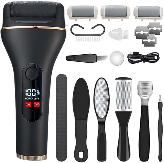 Electric Foot Callus Remover, Portable Electric Foot File with 15 in 1 Professional Pedicure Kits, Rechargeable Pedicure Tools for Foot Care, Waterproof Remover Cracked Feet & Dead Skin (Black)-BrightBean Baby