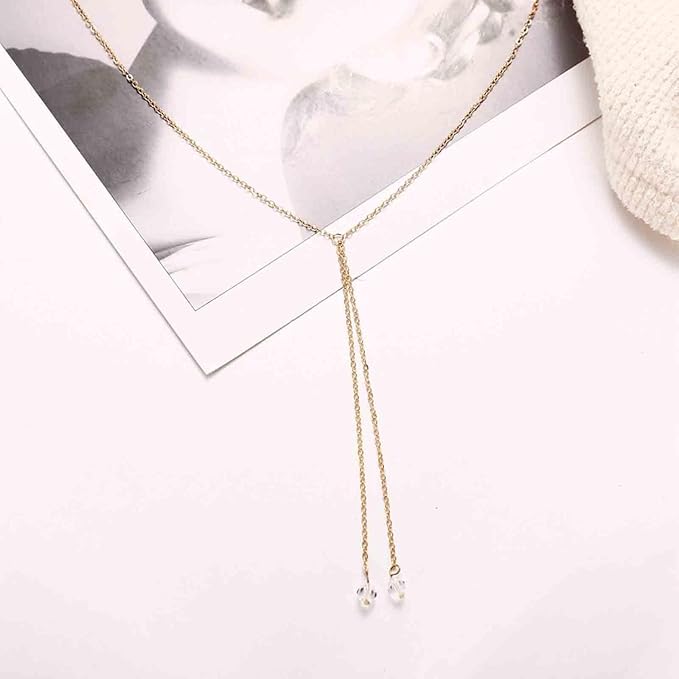 Boho Crystal Drop Necklace Gold Crystal Tassel Y Necklace Chain Vintage Long Drop Chain Necklace Minimalist Necklace Chain Jewelry for Women and Girls Gifts-BrightBean Baby