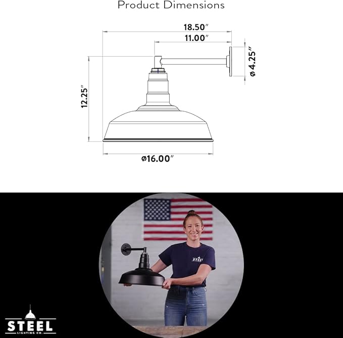 Steel Lighting Co. Gardena Barn Light | Outdoor Wall Mounted | 16" Dome | 11" Straight Arm | Farmhouse Light Made in America | Dark Bronze Exterior/White Interior