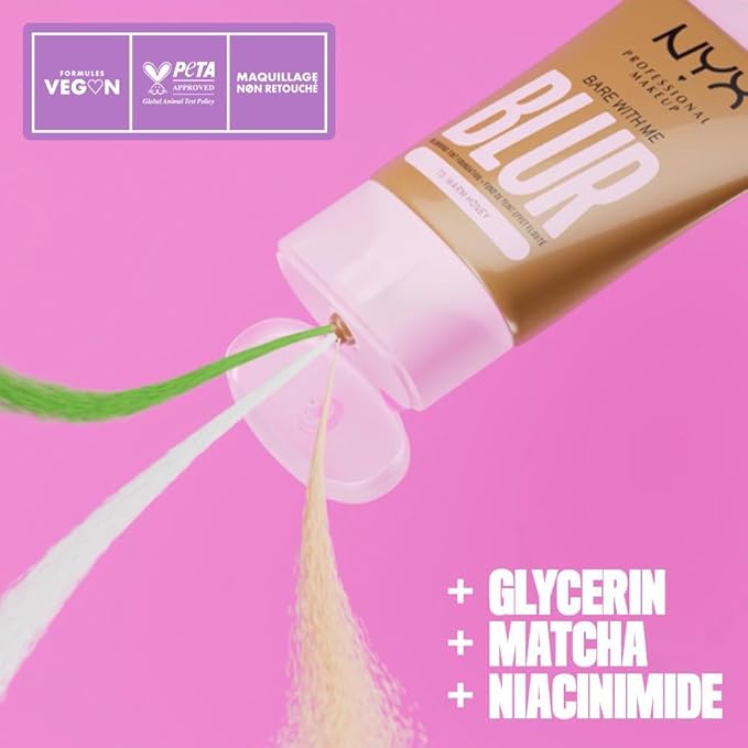 NYX PROFESSIONAL MAKEUP Bare With Me Blur Skin Tint Foundation Make Up with Matcha, Glycerin & Niacinamide - Light Neutral-BrightBean Baby