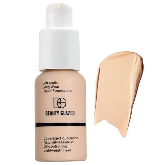Beauty Glazed Soft Matte Silky Full Coverage Liquid Foundation, Multi-Use Buildable Foundation Lightweight Feel Oil Control Longwear Naturally Flawless Coverage Foundation (102 Nude)-BrightBean Baby