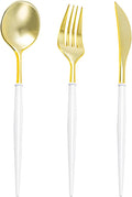 N9R 90PCS Gold Plastic Silverware - Gold Plastic Cutlery Set with White Handle, Heavy Duty Plastic Silverware with 30 Spoons, 30 Forks, 30 Knives - Perfect for Birthday Party, wedding and Everyday Use