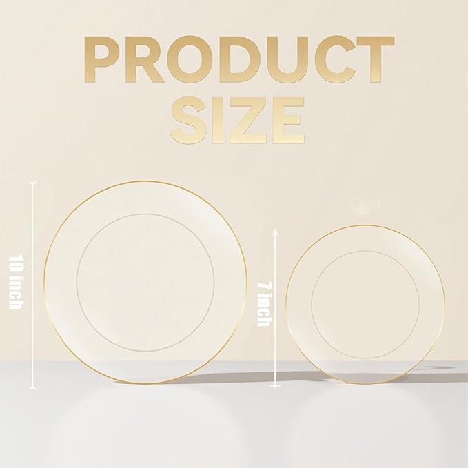 bUCLA 100PCS Clear and Gold Plastic Plates - Clear Disposable With Gold Rim Include 50 Each (10 inch Dinner & 7 inch Dessert) Plates, Ideal for Party & Thanksgiving