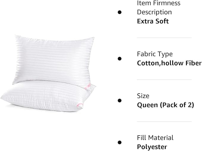 EIUE Hotel Collection Bed Pillows Queen Size - Breathable Cotton Cover 2 Pack